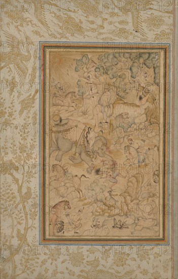Princes hunting in a rocky landscape, c. 1580–85; borders added c. 1700s. India, Mughal, 16th century. Ink, slight color, and gold on paper; image: 26.4 x 15.8 cm (10 3/8 x 6 1/4 in.); overall: 40.5 x 26 cm (15 15/16 x 10 1/4 in.).