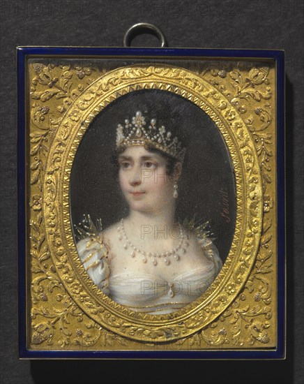 Portrait of Joséphine de Beauharnais, Empress of the French, c. 1806. Daniel Saint (French, 1778-1847). Watercolor on ivory in a gilt metal and enamel frame with silver backing; framed: 5.2 x 4.6 cm (2 1/16 x 1 13/16 in.); unframed: 3.9 x 2.8 cm (1 9/16 x 1 1/8 in.)