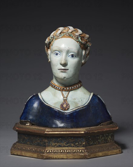 Bust of a Woman, early 1500s. Italy, Tuscany, 16th century. Tin-glazed earthenware (maiolica); 37.6 x 36 x 22 cm (14 13/16 x 14 3/16 x 8 11/16 in.).