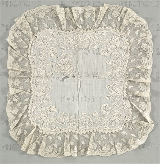 Handkerchief, late 1800s. France, 19th century. Embroidered cotton, bobbin lace; overall: 47 x 48.6 cm (18 1/2 x 19 1/8 in.).