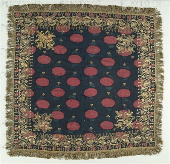 Embroidered Cover, 19th century. Turkey, 19th century. Embroidery: gold filé, twisted around silk core, on cotton tabby ground; overall: 114 x 111 cm (44 7/8 x 43 11/16 in.).