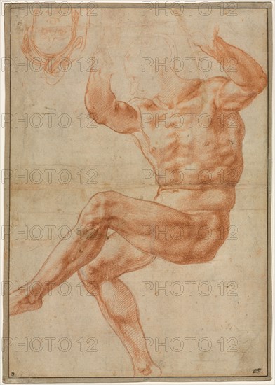 Study for the Nude Youth over the Prophet Daniel (recto), 1510-1511. Michelangelo Buonarroti (Italian, 1475-1564). Red chalk over black chalk; sheet: 34.3 x 24.3 cm (13 1/2 x 9 9/16 in.); secondary support: 34.4 x 24.4 cm (13 9/16 x 9 5/8 in.).