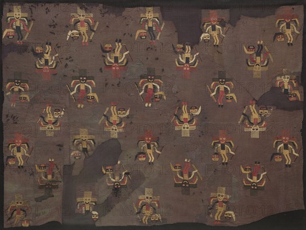 Fragment of Embroidered Cloth, c. 300-100 B.C.. Peru, South Coast, Paracas, Late Period, c. 300-100 BC. Embroidery on plain wool ground; average: 100.3 x 139.1 cm (39 1/2 x 54 3/4 in.)