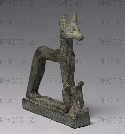 Jackal, 664-30 BC. Egypt, Late Period, Dynasty 26 or later. Bronze, solid cast; overall: 11.8 x 2.9 x 10.3 cm (4 5/8 x 1 1/8 x 4 1/16 in.); with tang: 1.6 cm (5/8 in.).