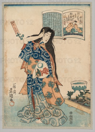 Woman with a Fan in her Left Hand Combing her Hair, 1786-1864. Gototei Kunisada (Japanese, 1786-1864). Color woodblock print; image: 36 x 25.4 cm (14 3/16 x 10 in.).