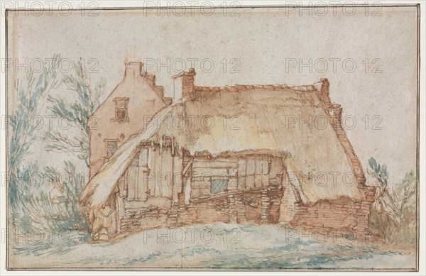 Peasant's Cottage (recto); Bridge and Gate (verso) , c. 1600. Abraham Bloemaert (Dutch, 1564-1651). Pen and brown ink with brush and brown, blue, red and yellow wash, over black and red chalk; sheet: 17.2 x 27.2 cm (6 3/4 x 10 11/16 in.).