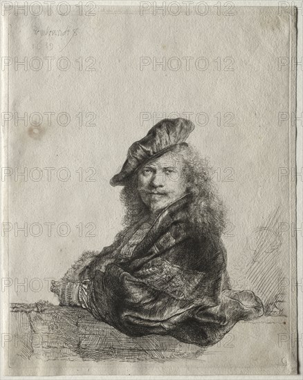 Self-Portrait Leaning on a Stone Sill, 1639. Rembrandt van Rijn (Dutch, 1606-1669). Etching and drypoint; sheet: 21.5 x 17.1 cm (8 7/16 x 6 3/4 in.); platemark: 20.5 x 16.4 cm (8 1/16 x 6 7/16 in.)