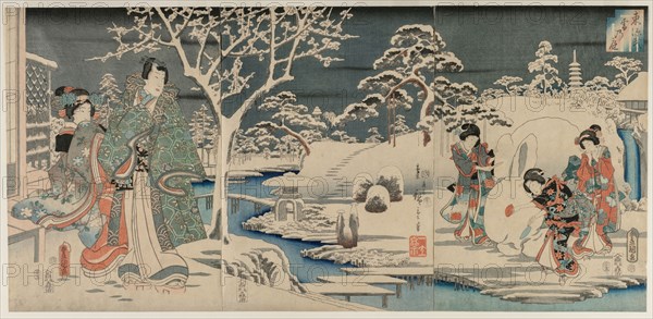 The Snowy Garden, 1854. Utagawa Hiroshige (Japanese, 1797-1858), Utagawa Kunisada (Japanese, 1786-1865). Triptych of color woodblock prints, ink and color on paper; sheet: 35.6 x 75 cm (14 x 29 1/2 in.).