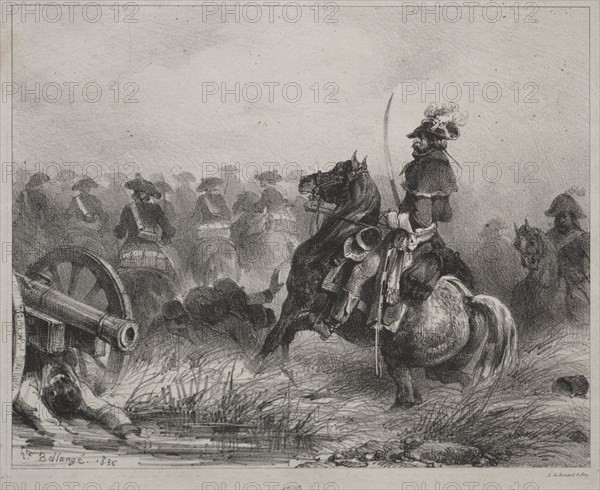 originally published in L'Artiste: Cavalry Scene, 1836. Joseph-Louis-Hippolyte Bellangé (French, 1800-1866). Lithograph; sheet: 21 x 28.5 cm (8 1/4 x 11 1/4 in.); image: 15.2 x 19 cm (6 x 7 1/2 in.)