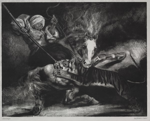 An Attack by a Tiger. Louis Candide Boulanger (French, 1806-1867). Lithograph