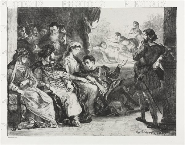 Hamlet:  Hamlet Commands the Actors to do a Scene from the Poisoning of his Father, 1834. Eugène Delacroix (French, 1798-1863). Lithograph