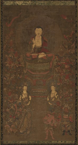 Amida Triad, 1500s. Japan, Muromachi period (1392-1573). Hanging scroll mounted as a panel, colors on silk; overall: 109.5 x 58.4 cm (43 1/8 x 23 in.).