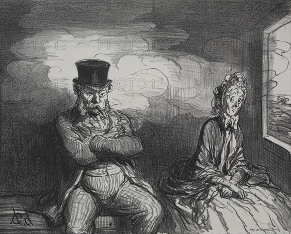 Published in le Boulevard (21 September 1862): On the Train:  A Pleasant Companion, 1862. Honoré Daumier (French, 1808-1879), Bertauts. Lithograph; sheet: 31.2 x 44.1 cm (12 5/16 x 17 3/8 in.); image: 19.6 x 24.3 cm (7 11/16 x 9 9/16 in.)