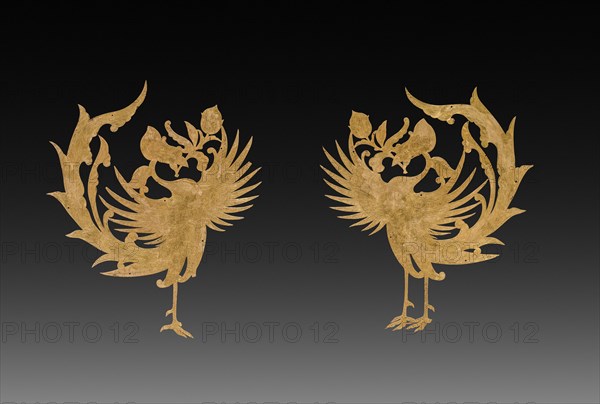 Textile Ornaments(?): Pair of Phoenixes, c. 8th century. China, Tang dynasty (618-907). Beaten gold with chased detail; part 1: 12 x 10.4 cm (4 3/4 x 4 1/8 in.); part 2: 13.3 x 10.7 cm (5 1/4 x 4 3/16 in.).