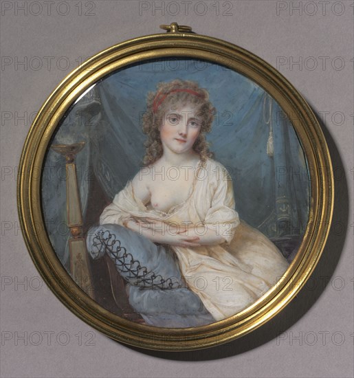 Portrait of a Woman Reclining on a Sofa, c. 1804. Jean-Antoine Laurent (French, 1763-1832). Watercolor on ivory in a gilt metal frame circa 1805; image: 7.9 x 8.3 cm (3 1/8 x 3 1/4 in.); diameter of frame: 9.4 cm (3 11/16 in.).