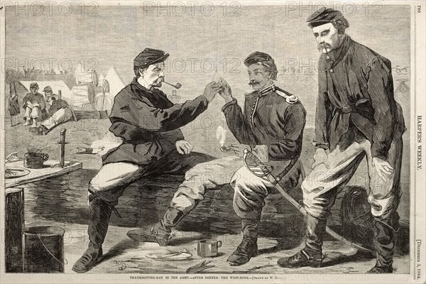 Thanksgiving Day in the Army - After Dinner:  The Wish-Bone, 1864. Winslow Homer (American, 1836-1910). Wood engraving