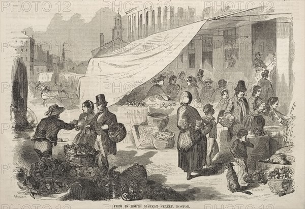 View in South Market Street, Boston, 1857. Winslow Homer (American, 1836-1910). Wood engraving