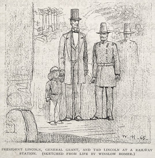 President Lincoln, General Grant, and Tad Lincoln at a Railway Station, 1887. Winslow Homer (American, 1836-1910). Wood engraving