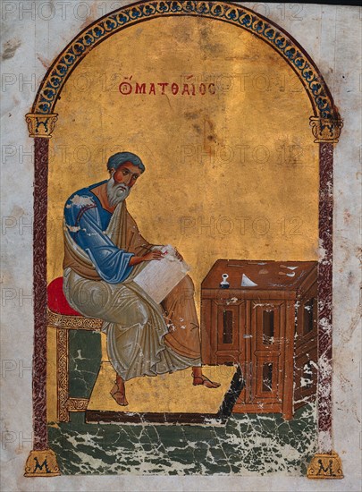 Leaf from a Lectionary with St. Matthew, 1057-1063. Byzantium, Constantinople, 11th century. Tempera and gold on vellum; sheet: 28.8 x 24.3 cm (11 5/16 x 9 9/16 in.); framed: 52.4 x 39.7 cm (20 5/8 x 15 5/8 in.); matted: 48.9 x 36.2 cm (19 1/4 x 14 1/4 in.).