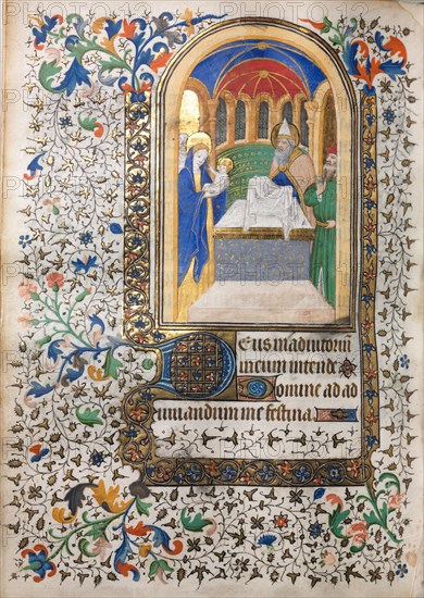 Book of Hours (Use of Paris): Presentation at the Temple, c. 1420. Follower of Boucicaut Master (French, Paris, active about 1410-25). Ink, tempera, and gold on vellum; sheet: 20.3 x 14 cm (8 x 5 1/2 in.).