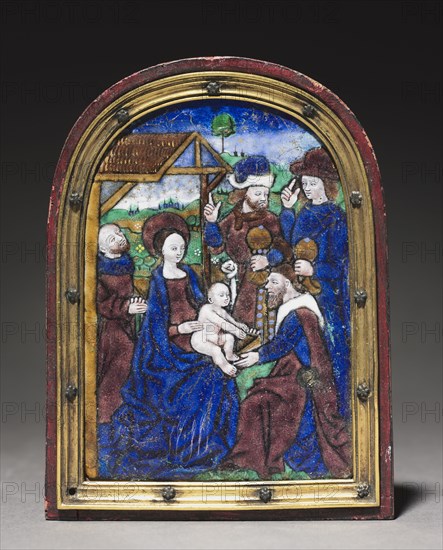 Plaque: Adoration of the Magi, c. 1480-1500. Monvaerni Master (French). Painted enamel on copper; unframed: 9.9 x 7 cm (3 7/8 x 2 3/4 in.).