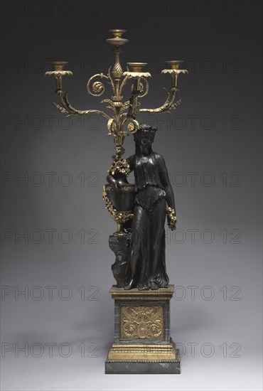 Candelabrum, c. 1780-1785. Attributed to Pierre Philippe Thomire (French, 1751-1843), Clodion (French, 1738-1814). Bronze, gilt bronze, gray marble; overall: 92.1 x 40.7 x 45.1 cm (36 1/4 x 16 x 17 3/4 in.); part 1: 45.8 cm (18 1/16 in.).
