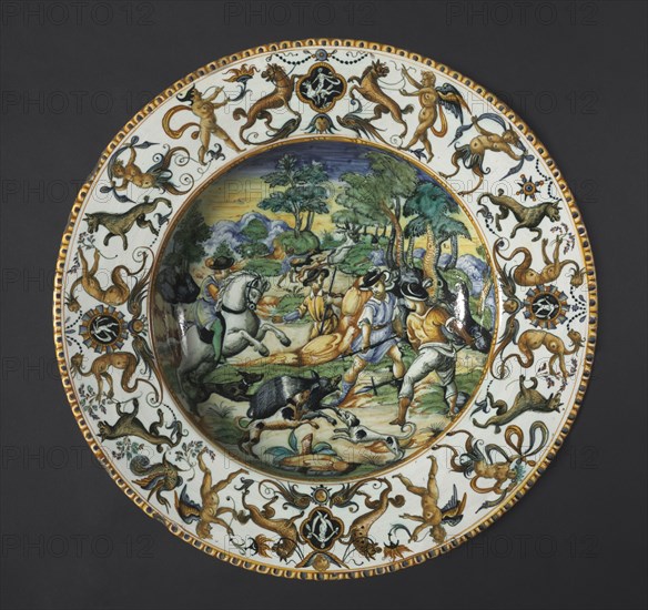 Plate: A Boar Hunt, c. 1560. Italy, Urbino; Atelier of the Fontana Family, 16th century. Tin-glazed earthenware (maiolica); diameter: 8.6 x 45.7 cm (3 3/8 x 18 in.).