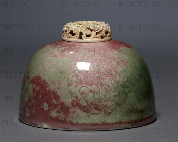 Water Pot with Ivory Lid, 1662-1722. China, Jiangxi province, Jingdezhen, Qing dynasty (1644-1912), Kangxi Period (1662-1722). Porcelain with peach bloom glaze; ivory lid; overall: 7.4 cm (2 15/16 in.).