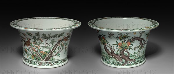 Pair of Jardinieres, 1662-1722. China, Qing dynasty (1644-1911), Kangxi reign (1661-1722). Porcelain with famille verte overglaze enamel decoration; diameter: 59.1 cm (23 1/4 in.); overall: 33.4 cm (13 1/8 in.); part 2: 33.7 cm (13 1/4 in.); vessel: 60.6 cm (23 7/8 in.).