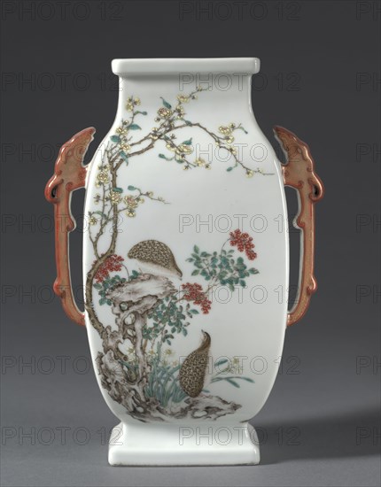 Vase with Chi-Dragon Handles and Flowers and Birds, 1736-1795. China, Jiangxi province, Jingdezhen, Qing dynasty (1644-1911), Qianlong mark and period (1736-1795). Porcelain painted in polychrome enamels over transparent glaze; overall: 27.3 cm (10 3/4 in.).