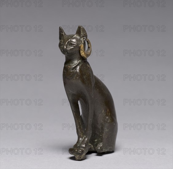 Cat, 664-30 BC. Egypt, Late Period, Dynasty 26 or later. Bronze and gold; overall: 9.2 x 2.3 x 5.5 cm (3 5/8 x 7/8 x 2 3/16 in.); without tang: 7.5 cm (2 15/16 in.).