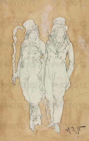 Two Young Men of Fashion (Standing), second half 19th century. Alphonse Marie Adolphe de Neuville (French, 1835-1885). Graphite and brown wash; framing lines in graphite; sheet: 19.9 x 13 cm (7 13/16 x 5 1/8 in.); secondary support: 22.2 x 15.7 cm (8 3/4 x 6 3/16 in.); tertiary support: 22.2 x 15.7 cm (8 3/4 x 6 3/16 in.).