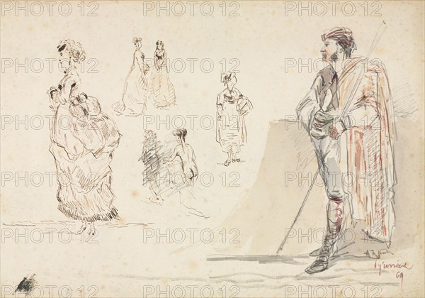 Sketches of Figures, 1869. Alphonse Marie Adolphe de Neuville (French, 1835-1885). Graphite, pen and brown ink, and watercolor; sheet: 27 x 38.7 cm (10 5/8 x 15 1/4 in.).