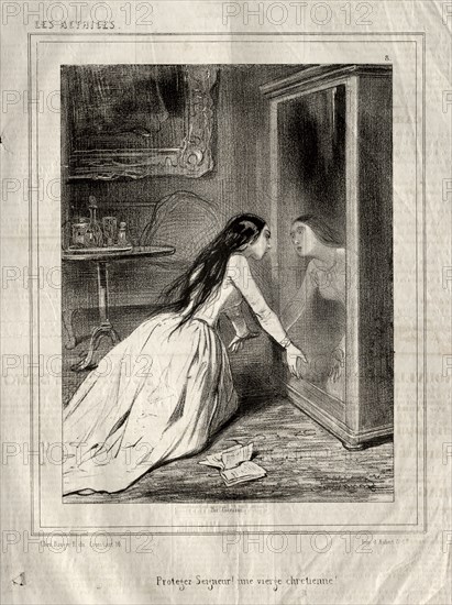 Les Actrices:  Protegez Seigneur!  un vierge chrétienne, 1843. Paul Gavarni (French, 1804-1866). Lithograph