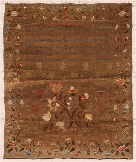 Sampler, 1829. England, 19th century. Embroidery: silk on linen tabby ground; overall: 45.4 x 37.2 cm (17 7/8 x 14 5/8 in.)