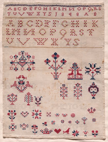 Sampler, 1848. America, Pennsylvania Dutch, 19th century. Embroidery; cotton on linen; average: 32.7 x 24.2 cm (12 7/8 x 9 1/2 in.).