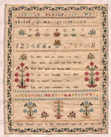 Sampler, 1817. England, early 19th century. Embroidery; silk on woolen canvas; overall: 42.3 x 34 cm (16 5/8 x 13 3/8 in.).