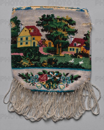 Beaded Bag (landscape scene), 19th century. America, 19th century. Glass beads stitched individually to plain weave background; overall: 22.5 x 16.5 cm (8 7/8 x 6 1/2 in.).