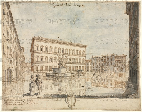 Eighteen Views of Rome: The Piazza Farnese (recto); Cartouche (verso), 1664. Lievin Cruyl (Flemish, c. 1640-c. 1720). Pen and brown ink and brush and gray and blue wash over graphite; squared in graphite (two figures in the foreground); framing lines in brown ink; sheet: 38.7 x 49 cm (15 1/4 x 19 5/16 in.).