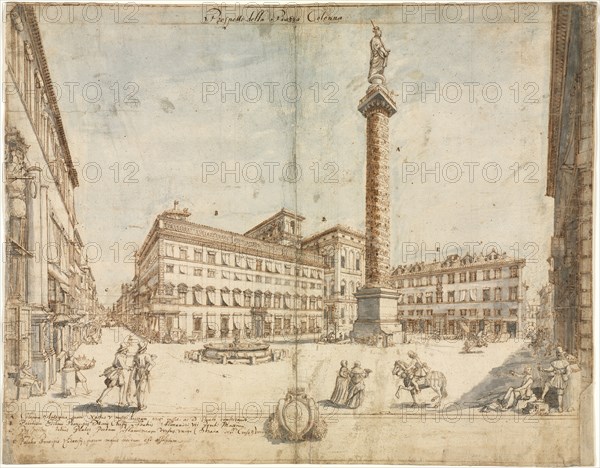 Eighteen Views of Rome: The Piazza Colonna, 1664. Lievin Cruyl (Flemish, c. 1640-c. 1720). Pen and brown ink and brush and gray and blue wash over stylus and graphite; framing lines in brown ink; sheet: 39.3 x 50 cm (15 1/2 x 19 11/16 in.).