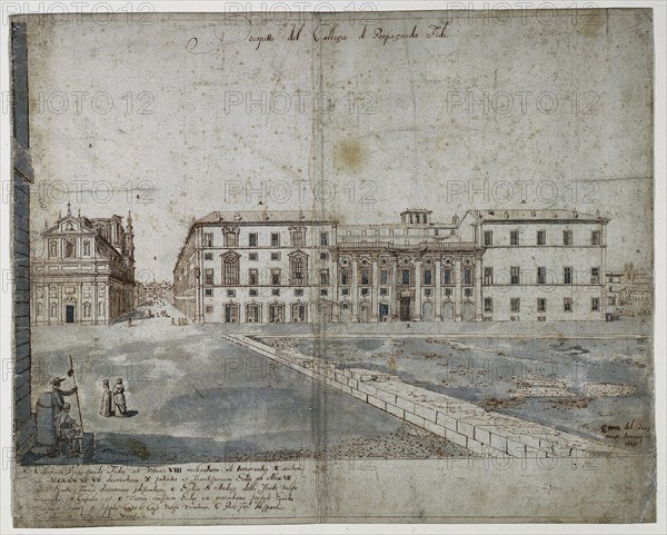 Eighteen Views of Rome: The Collegio di Propaganda Fide (recto), 1665. Lievin Cruyl (Flemish, c. 1640-c. 1720). Pen and brown ink and brush and gray wash over graphite; framing lines in brown ink; sheet: 38.9 x 48.9 cm (15 5/16 x 19 1/4 in.).