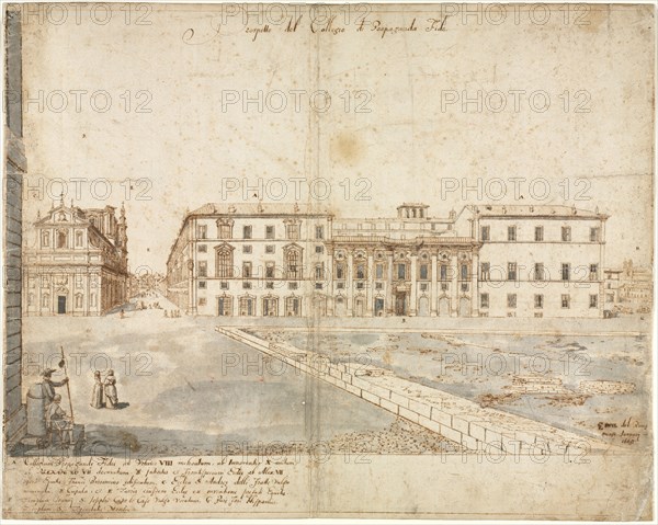 Eighteen Views of Rome: The Collegio di Propaganda Fide (recto); Sketches of Windows and Pilasters of the Attic Storey of the Collegio di Propaganda Fide (verso), 1665. Lievin Cruyl (Flemish, c. 1640-c. 1720). Pen and brown ink and brush and gray wash over graphite; framing lines in brown ink; sheet: 38.9 x 48.9 cm (15 5/16 x 19 1/4 in.).