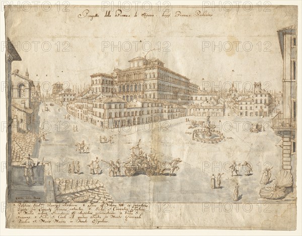 Eighteen Views of Rome: The Piazza Barberini (recto), 1665. Lievin Cruyl (Flemish, c. 1640-c. 1720). Pen and brown ink and brush and gray wash with graphite; framing lines in brown ink and graphite (along bottom edge); sketch unrelated to main composition in graphite (upper right); sheet: 38.3 x 49.7 cm (15 1/16 x 19 9/16 in.).