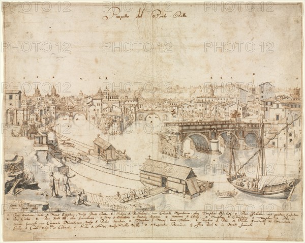 Eighteen Views of Rome: The Ponte Rotto, 1665. Lievin Cruyl (Flemish, c. 1640-c. 1720). Pen and brown ink and brush and gray wash over graphite; framing lines in brown ink; sheet: 48.7 x 39 cm (19 3/16 x 15 3/8 in.).