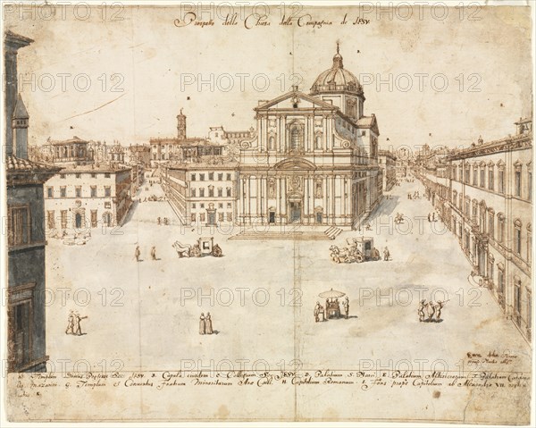 Eighteen Views of Rome: The Church of the Gesù, 1665. Lievin Cruyl (Flemish, c. 1640-c. 1720). Pen and brown ink and brush and gray wash over graphite; framing lines in brown ink; sheet: 38.8 x 48.7 cm (15 1/4 x 19 3/16 in.).