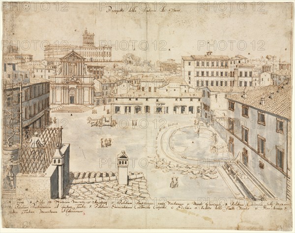 Eighteen Views of Rome: The Trevi Fountain, 1665. Lievin Cruyl (Flemish, c. 1640-c. 1720). Pen and brown ink and brush and gray wash over graphite; framing lines in brown ink; sheet: 38.6 x 48.8 cm (15 3/16 x 19 3/16 in.).