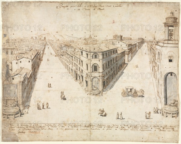 Eighteen Views of Rome: The Quattro Fontane Looking Toward Monte Cavallo, 1665. Lievin Cruyl (Flemish, c. 1640-c. 1720). Pen and brown ink and brush and gray wash over graphite; framing lines in brown ink; sheet: 38.7 x 48.7 cm (15 1/4 x 19 3/16 in.); framed: 61.7 x 76.8 x 2.6 cm (24 5/16 x 30 1/4 x 1 in.).