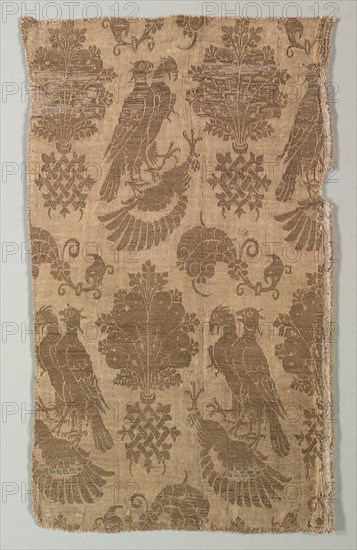 Gold-patterned Silk with Falcons and Heraldry, 1360-1400. Italy, last third of 14th century. Silk, gold thread; a combination of two weaves (lampas); overall: 40 x 24.5 cm (15 3/4 x 9 5/8 in.)