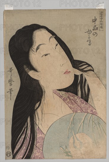 Bust of Woman with Loose Hair Holding Fan, 1753-1806. Kitagawa Utamaro (Japanese, 1753?-1806). Color woodblock print; sheet: 37.8 x 25.8 cm (14 7/8 x 10 3/16 in.).