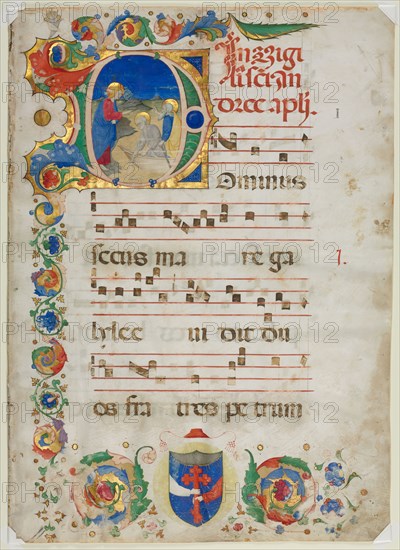 Bifolium Excised from an Antiphonary:  Initial D[ominus Iesus] with the Calling of Peter and Andrew, c. 1425-1450. Italy, Lombardy (Milan?), 15th century. Ink, tempera, and gold on vellum; sheet: 56 x 41 cm (22 1/16 x 16 1/8 in.).